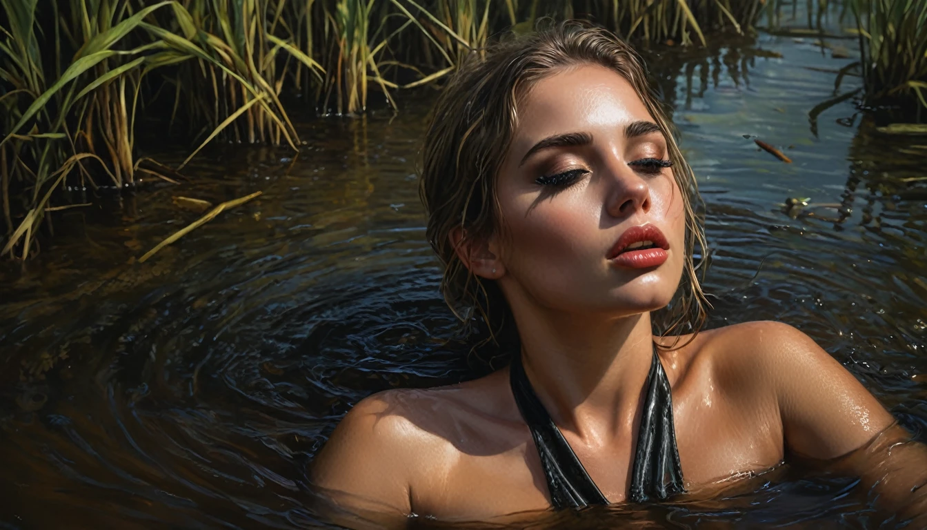 (Best Quality,4k,8k,High resolution,Masterpiece:1.2),ultra detailed,(realist,photorealist,photo-realist:1.37),portraits,detailed eyes,detailed lips,long eyelashes,beautiful girl,drowning in a swamp,Closed eyes,swamp water,chest,floating,illustration,Cowboys,leather bikini,sexy expression,Mysterious atmosphere,dark shades,subtle lighting,vivid colors