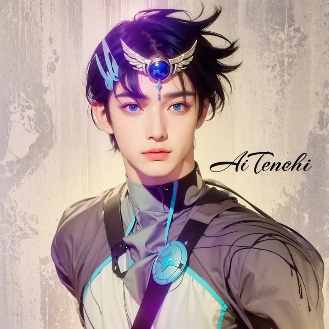 Handsome boy, black hair, blue eyes, angel wings on his forehead, wearing a black hero suit with white and turquoise color