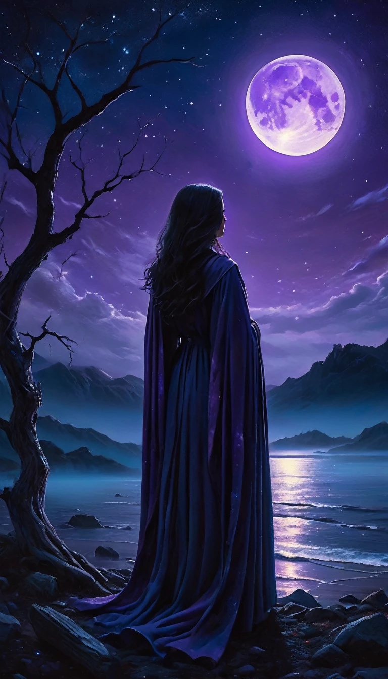 An abstraction of horror in a fantasy world where a woman astrologer is looking at the stars of the night sky and tries to predict the future

Medium: Dark and surrealistic illustrations
Additional details: A moonlit sky with eerie shades of purple and blue, long and airy robes of astrology
Image quality: (best quality, 4k, highres, masterpiece:1.2), ultra-detailed, (realistic, photorealistic, photo-realistic:1.37)
Art style: Horror, fantasy, surrealism
Color palette: Dark and gloomy colors with stark contrasts
Lighting: Soft moonlight casting eerie shadows