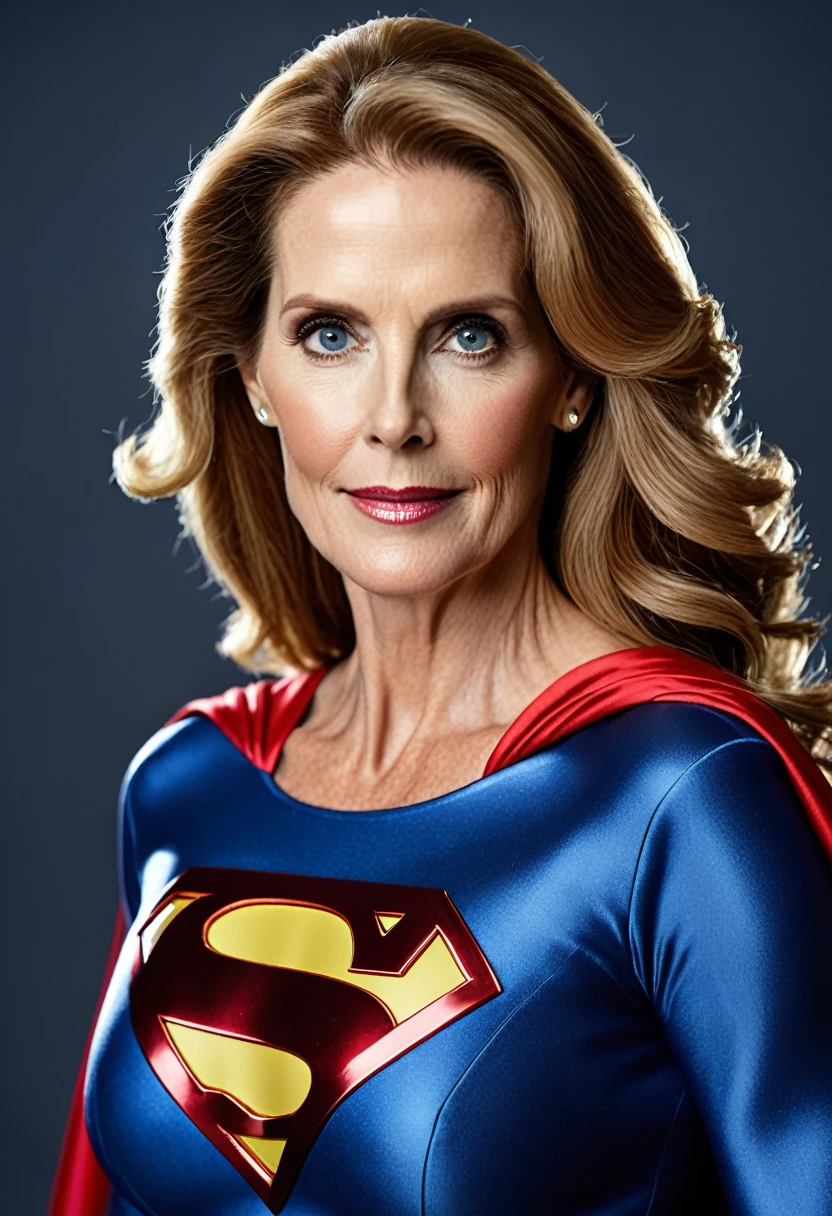 Julie Hagerty Superwoman; HD. Photograph, ((realism)), extremely high quality RAW photograph, ultra detailed photograph, sharp focus, high resolution, (detailed skin:1,3),high quality, film grain, Fujifilm XT3,Highly Detailed, movie, (Cinematic Photo:1.3) of (Realistic:1.3)