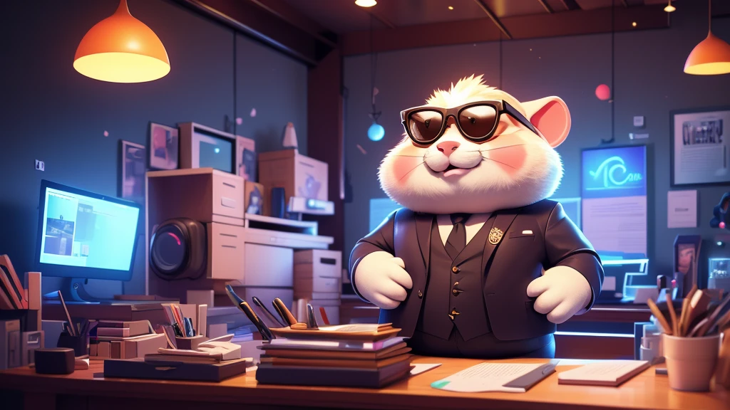 a close up of a tall hamster, looking like a model ,facing the viewer , cute face with fat cheeks, dressed in a suit and sunglasses, furry art, looking heckin cool and stylish, , big chungus boss, neon dark room background, sitting behind a desk , with a laptop and a microphone, unsplash, realism, , in a streamer studio room, neon ambiance , looking to camera, portrait shot 8 k, photo portrait, looking towards the camera , ultra detail, high resolution, ultra detailed, best quality, amazing, top quality, extremely detailed CG unity 8k wallpaper, cinematic lighting.