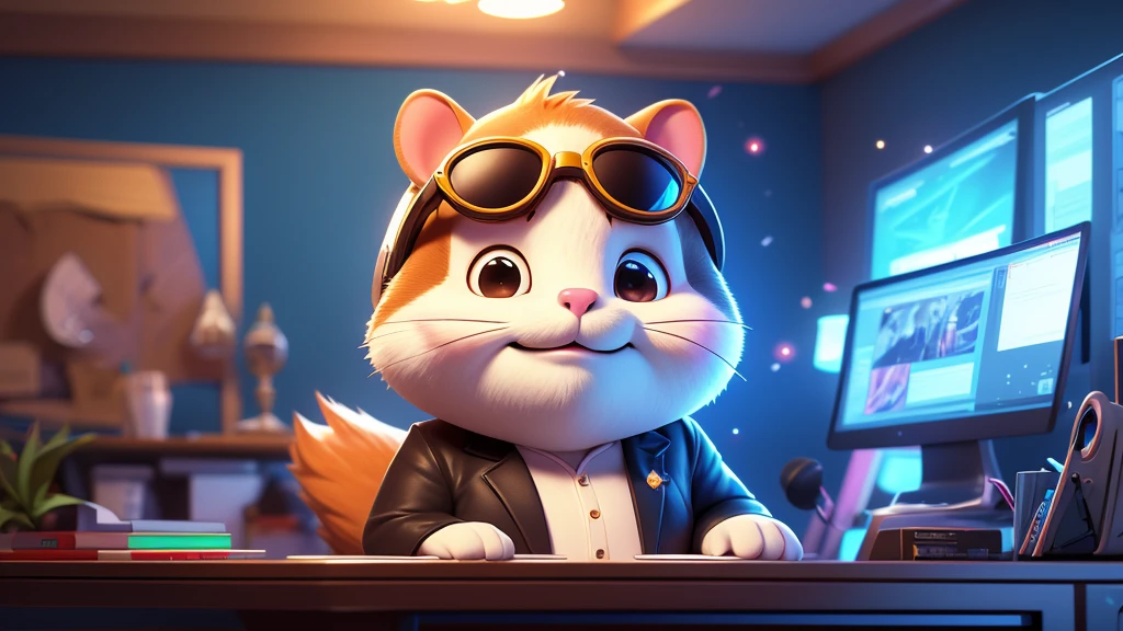 a close up of a tall hamster, looking like a model ,facing the viewer , cute face with fat cheeks, dressed in a suit and sunglasses, furry art, looking heckin cool and stylish, , big chungus boss, neon dark room background, sitting behind a desk , with a laptop and a microphone, unsplash, realism, , in a streamer studio room, neon ambiance , looking to camera, portrait shot 8 k, photo portrait, looking towards the camera , ultra detail, high resolution, ultra detailed, best quality, amazing, top quality, extremely detailed CG unity 8k wallpaper, cinematic lighting.