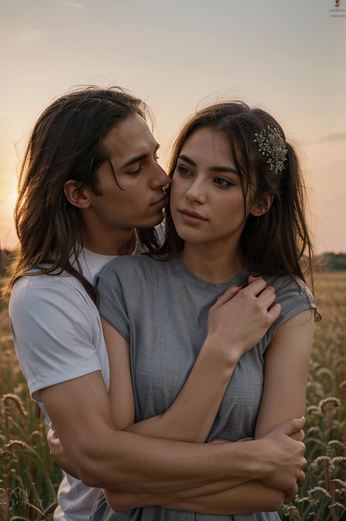 Photograph of a couple kissing, a man holding a woman in his arms in a romantic moment, open field scenery at sunset, romantic moment, 8k, HD, detailed eyes, detailed mouths, detailed hands, detailed fingers, super detailed, super defined, maximum quality 