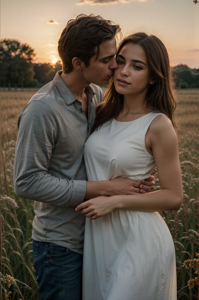 Photograph of a couple kissing, a man holding a woman in his arms in a romantic moment, open field scenery at sunset, romantic moment, 8k, HD, detailed eyes, detailed mouths, detailed hands, detailed fingers, super detailed, super defined, maximum quality 