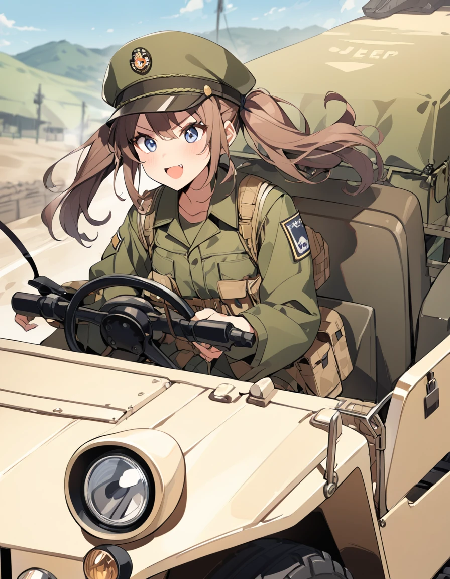 BREAK Perfect Anatomy、(High resolution:1.2)、Incredible illustrations、(Cute illustrations:1.2)、
()(dynamic angle,) (Beautiful background(army base))
1girl((brown hair,twin tails, tanned skin: 1.3,blue eyes,fang)1girl((a girl,slender 1.7meters, 45kg, ((Work caps, T-shirts, cargo pants, military boots),,)),Female soldier driving a military jeep