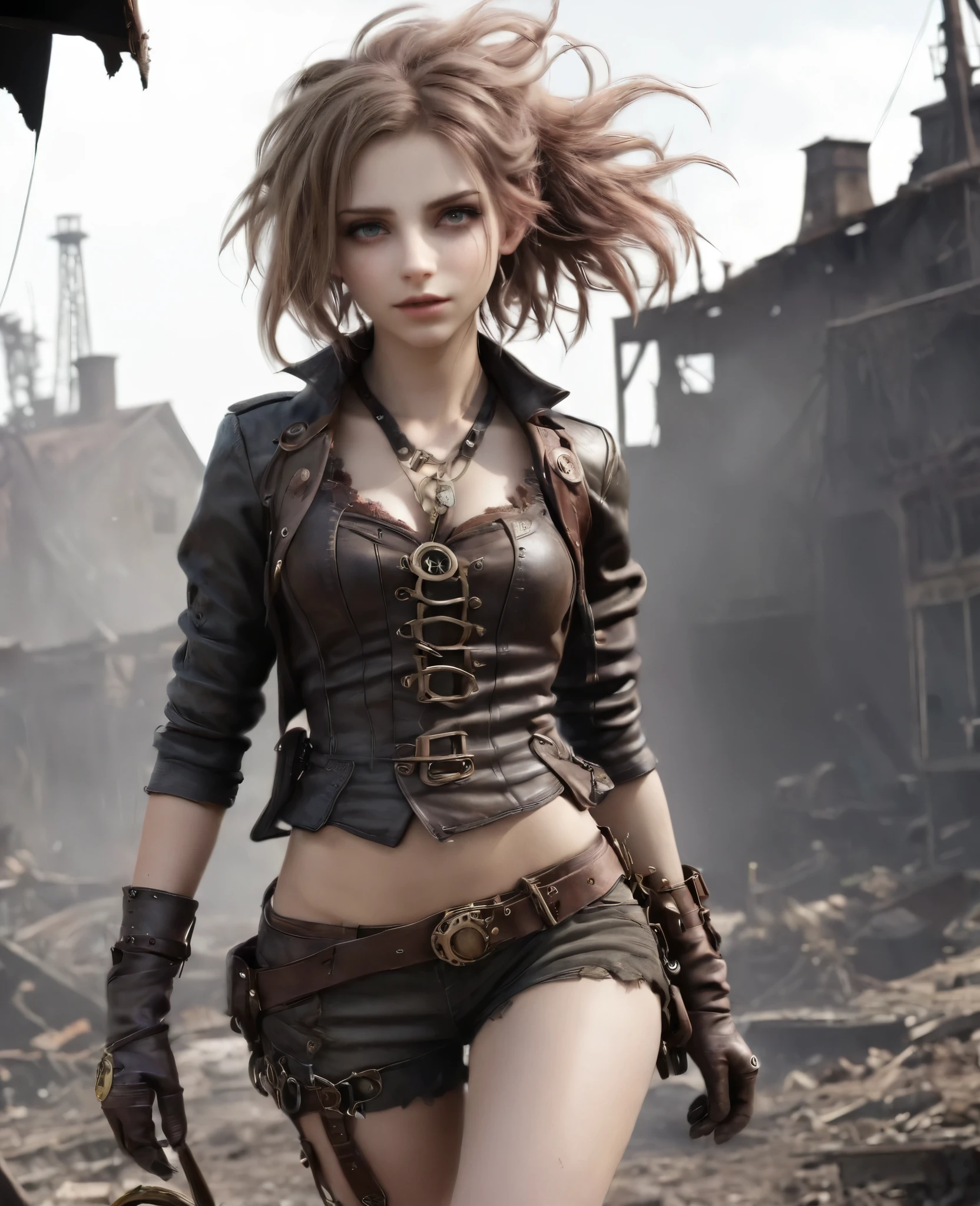 (((high resolution))), (((extremely detailed))), ((masterpiece)), dramatic shadows, depth of field, analog photo style, (world in which are collide steampunk and postapocalyptic vibes), postapocalyptic cute female in steampunk torn dirty clothes, looks like Aerith Gainsborough, depth of field, full body shot, unzoomed, (perfect body: 1.4), (sidecut short hairstyle), (stalking is quite common, although not the best way to make a living), looks interested, stylized atmosphere of unreality, dark aesthetic, dynamic pose, in motion, Armageddon, increase cinematic lighting, highly lifelike skin texture, parted lips, weary eyes, fine eyes, whitened skin, random hair colour, doomsday aura,