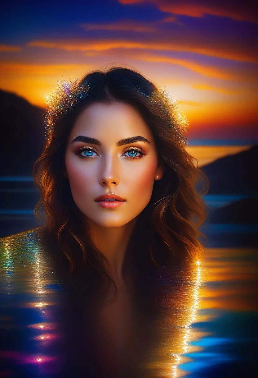 (beautiful detailed woman, detailed eyes: 1.1, light: 1.1, sparkles everywhere), water, oil painting, vibrant colors, serene, soft lighting, loose hair, graceful posture, sparkling reflections, tranquil atmosphere, gentle ripples, ethereal beauty, vivid brushstrokes, golden hour reflections in the hair, rich and colorful sky, detailed face, detailed eyes.UHD.