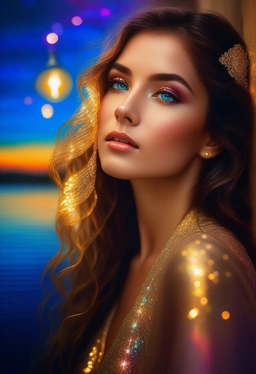 (beautiful detailed woman, detailed eyes: 1.1, light: 1.1, sparkles everywhere), water, oil painting, vibrant colors, serene, soft lighting, loose hair, graceful posture, sparkling reflections, tranquil atmosphere, gentle ripples, ethereal beauty, vivid brushstrokes, golden hour reflections in the hair, rich and colorful sky, detailed face, detailed eyes.UHD.