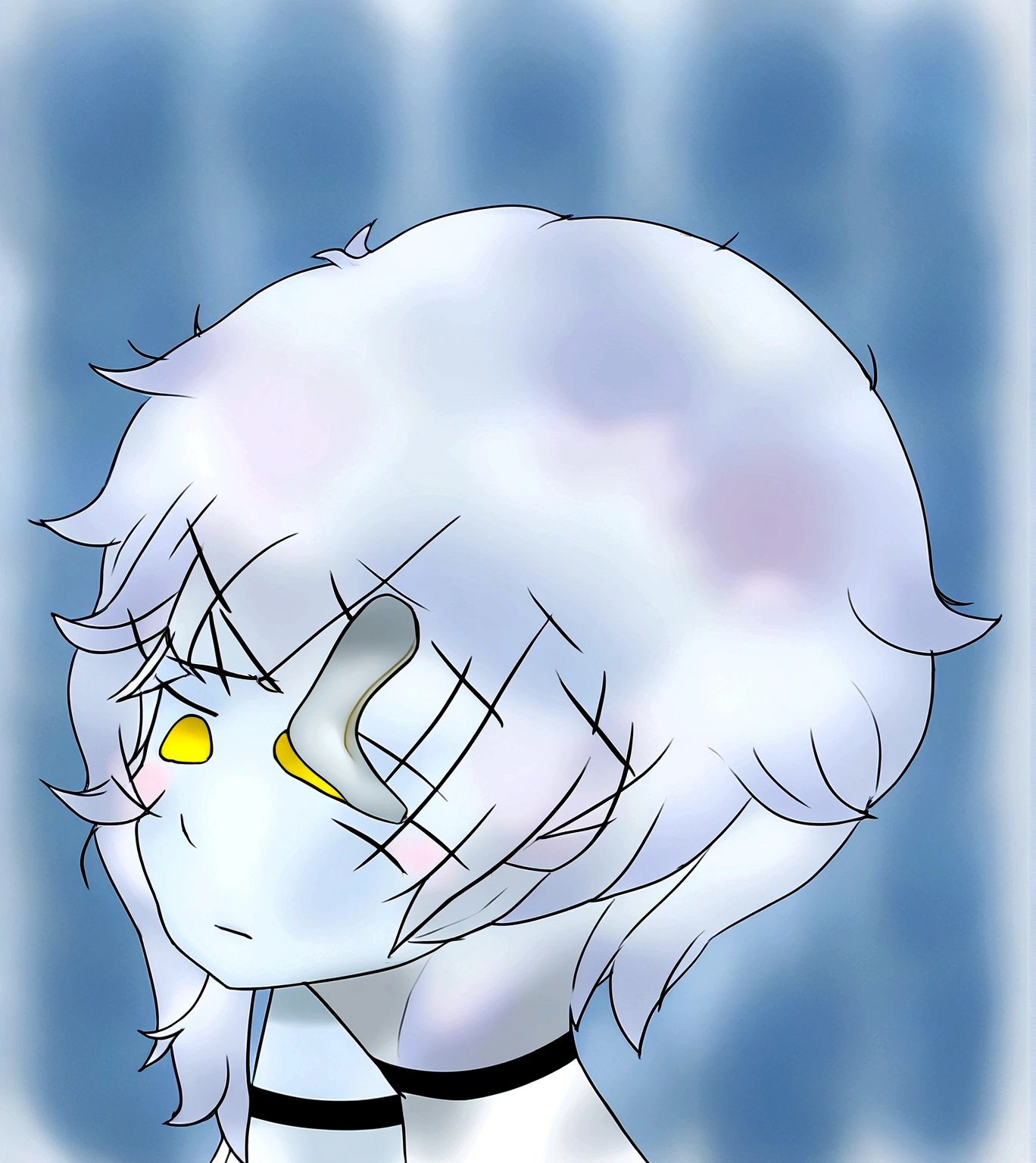 anime angel face, light blue skin, one beautiful yellow eye with a broken halo and white wavy hair with bangs parted in the middle