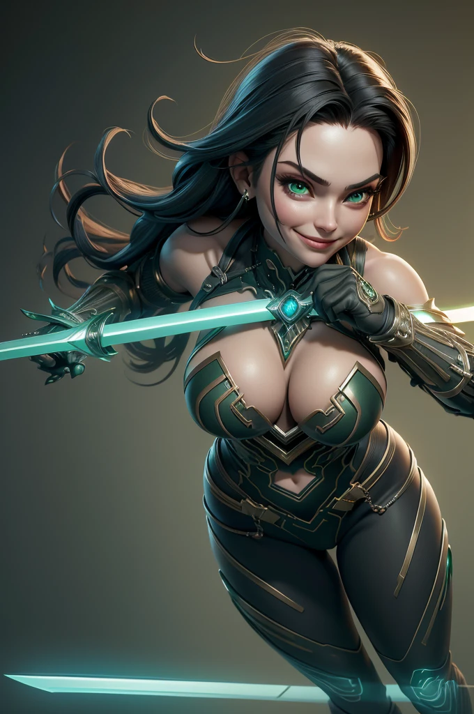 gorgeous woman, warrioress, with futuristic sword wrapped in dark structure, green leds, Beautiful girl, Waist slender, imponent pose, Grinning,sexly, extreme extravagant necklines,huge slits revealing a lot of the body