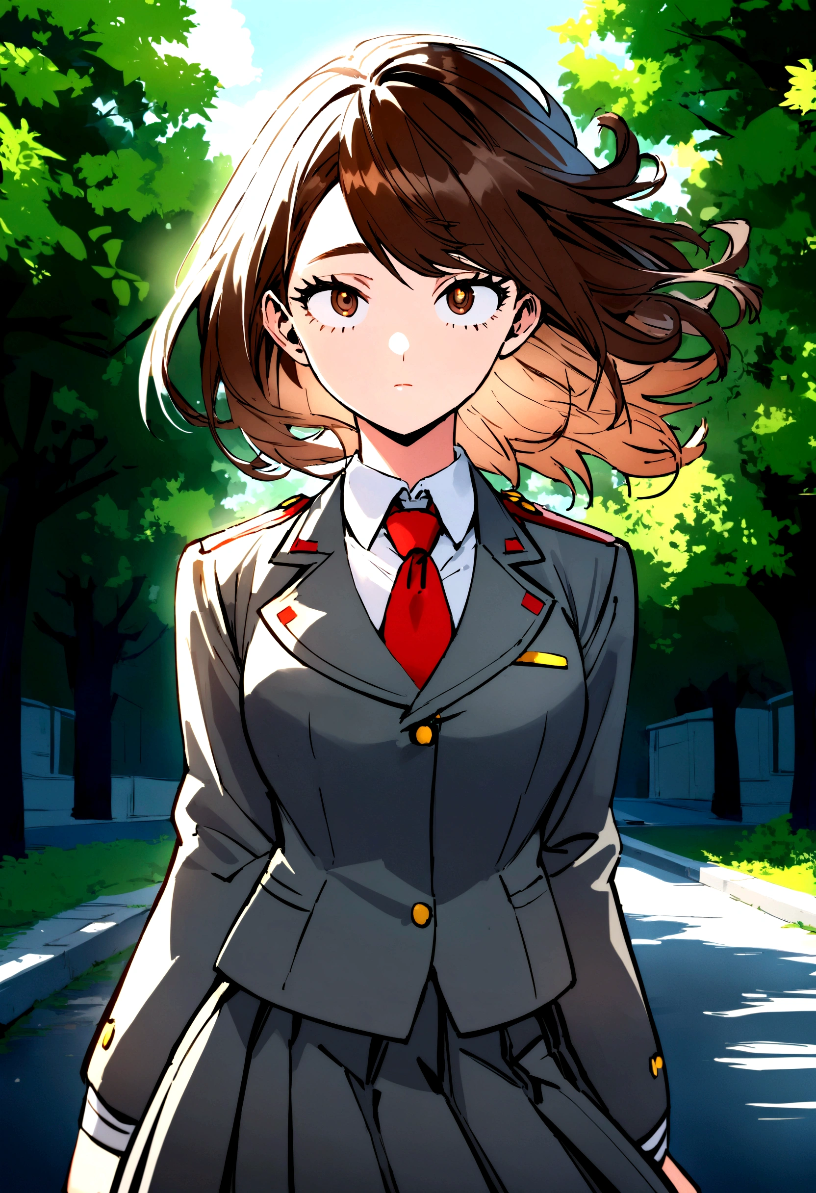 My hero academia style girl with medium long brown broken hair,medium large eyes, with a flirtatious and challenging look, Brown eyes , UA uniform gray jacket with green details, white shirt red tie and gray skirt with green details, view from front