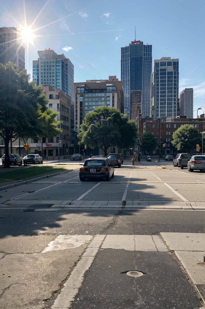 "An extremely hot summer day, with the sun shining brightly in the cloudless blue sky. The setting is a bustling city, where the asphalt seems to almost melt under the intense heat. The streets are deserted, but the signs of heat are evident: water bottles abandoned on park benches, pools of water evaporating quickly, and street thermometers showing scorching temperatures. Parked cars reflect sunlight, and the windows of the buildings are all closed to keep the inside cool. In a nearby park, the water fountains gush silently, with steam rising slightly into the air. The atmosphere is stuffy and oppressive, with visible heat waves rippling along streets and buildings."

