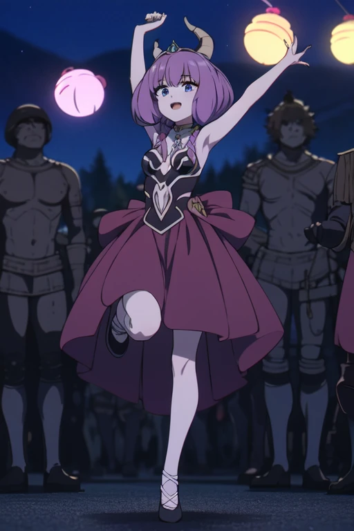 ((Best quality))),((Ultra-detailed)),((illustration)),((Disheveled hair)),((frilld)),(1 girl),(Solo), 1girl,solo,rating:safe,armband,armpits,arms_up,ballerina,ballet,ballet_slippers,bare_arms,bare_shoulders,black_dress,black_footwear,blue_ribbon,breasts,circle_skirt,cleavage,clothing,crossed_legs,crown,dress,pointe,female,garter,hair_bun,hair_rings,headwear,legs,looking_at_viewer,makaria,plantar_flexion,ribbon,see-through,single_hair_bun,small_breasts,smile,standing_on_one_leg,standing,tiara, pink hair,grey eyes,Horns,