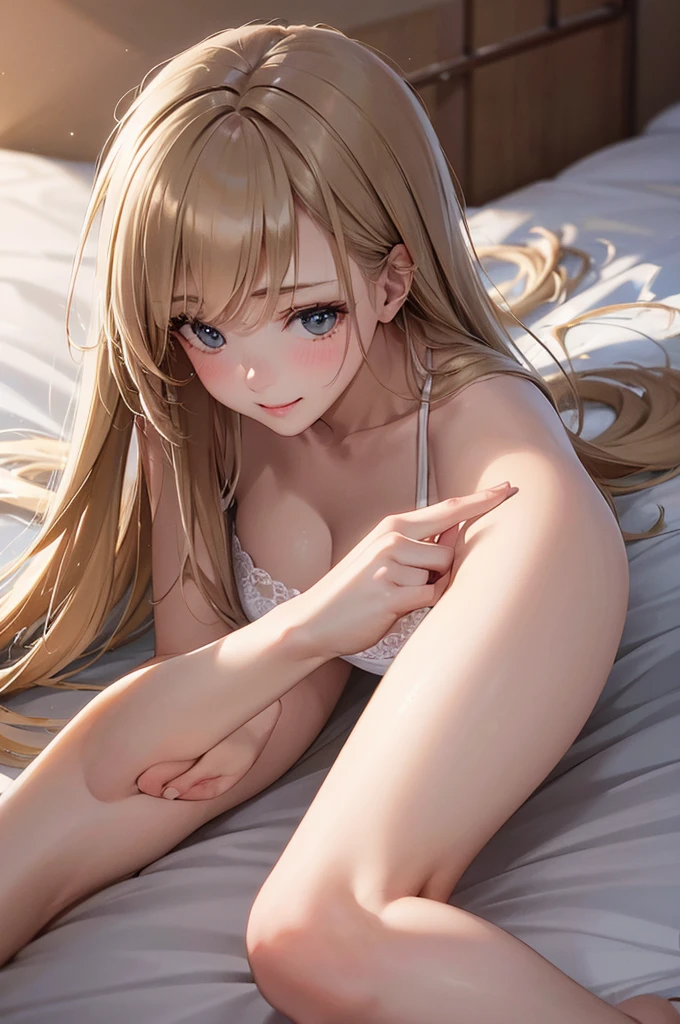 Best Quality,High resolution,8K,finelity detailed background,Masterpiece:1.2),beautiful girl,Shiny khaki hair,asymmetrical hair,Khaki Eyes,Gentle look,A refreshing look,Best quality,Best Quality,Aesthetic and aesthetic:1.2,Best details((Super detailed))(High-definition CG illustrations),Grey underwear (gray,intricate lace),Slender body,morning,morning日,Bedroom,On the bed,smile,blush,cute,Scrounge,Looking up,Being spoiled,super model,wariza,shoot from below