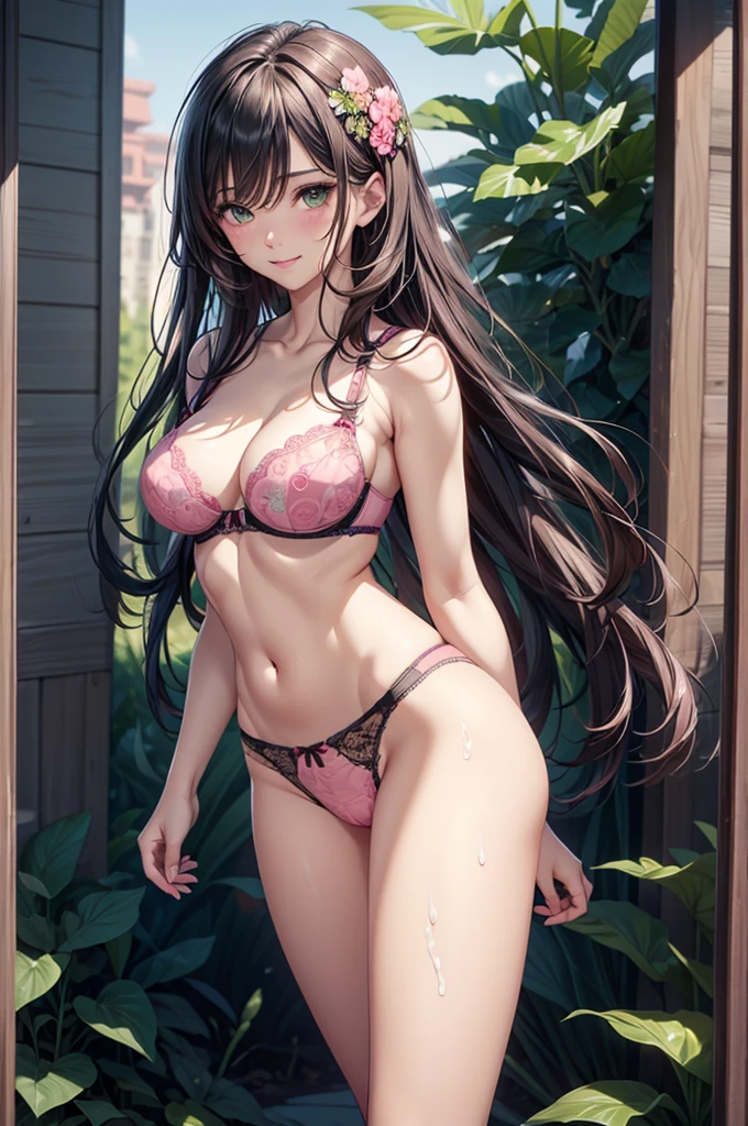 (masterpiece:1.3, Highest quality, Ultra-high resolution, Super detailed), (Realistic, photoRealistic:1.4), Beautiful illustrations, Perfect lighting, colorful, Depth of written boundary, Beautiful detailed hair, Beautifully detailed face, Beautiful fine details, Beautiful clavicle, Beautiful body, Beautiful breasts, Beautiful thighs, Beautiful feet, Beautiful fingers, View your viewers, 1 girl, Perfect Face, (Perfect Anatomy, Anatomically correct), Cute and symmetrical face, Baby Face, , Shiny skin, (Brown Hair), Hair between the eyes, Dark green eyes, Droopy eyes, Big eyes, Long Eyelashes, (((Luxury underwear)))、(((Pink floral underwear))),(bra、Embroidery pattern)、(((panties、Embroidery pattern)))、(Beautiful views), Bright lighting、smile、laughing,(((semen)))、(((The whole body is visible)))