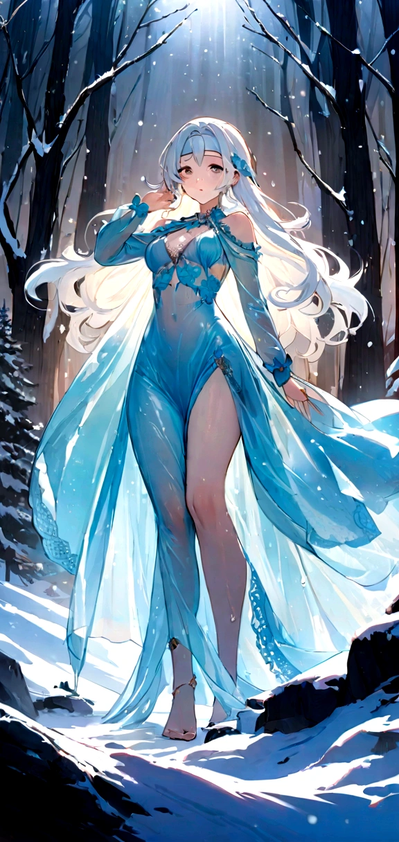 (((masterpiece))), best quality, illustration, 4k wallpaper, movie lighting, absurd, 1 girl,(snow,ice), snow花, in winter, white hair, shiny hair, curls, Transparent Clothes, decorate, lace, wet clothes, away_Shoulder, Headband,masterpiece, telephoto lens, absurd, Exquisite facial features，Record，Poster composition，strike an elegant pose，，Natural light，Soft Light，（Seven-part combination） ，epic，Fantastic and magical，mystery