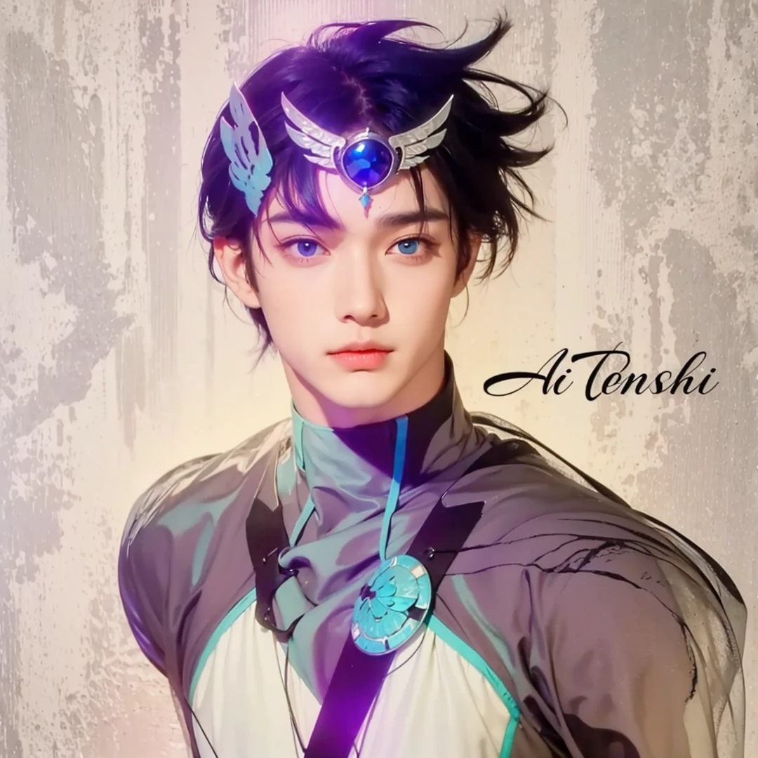 Handsome boy, black hair, blue eyes, angel wings on his forehead, wearing a black hero suit with white and turquoise color