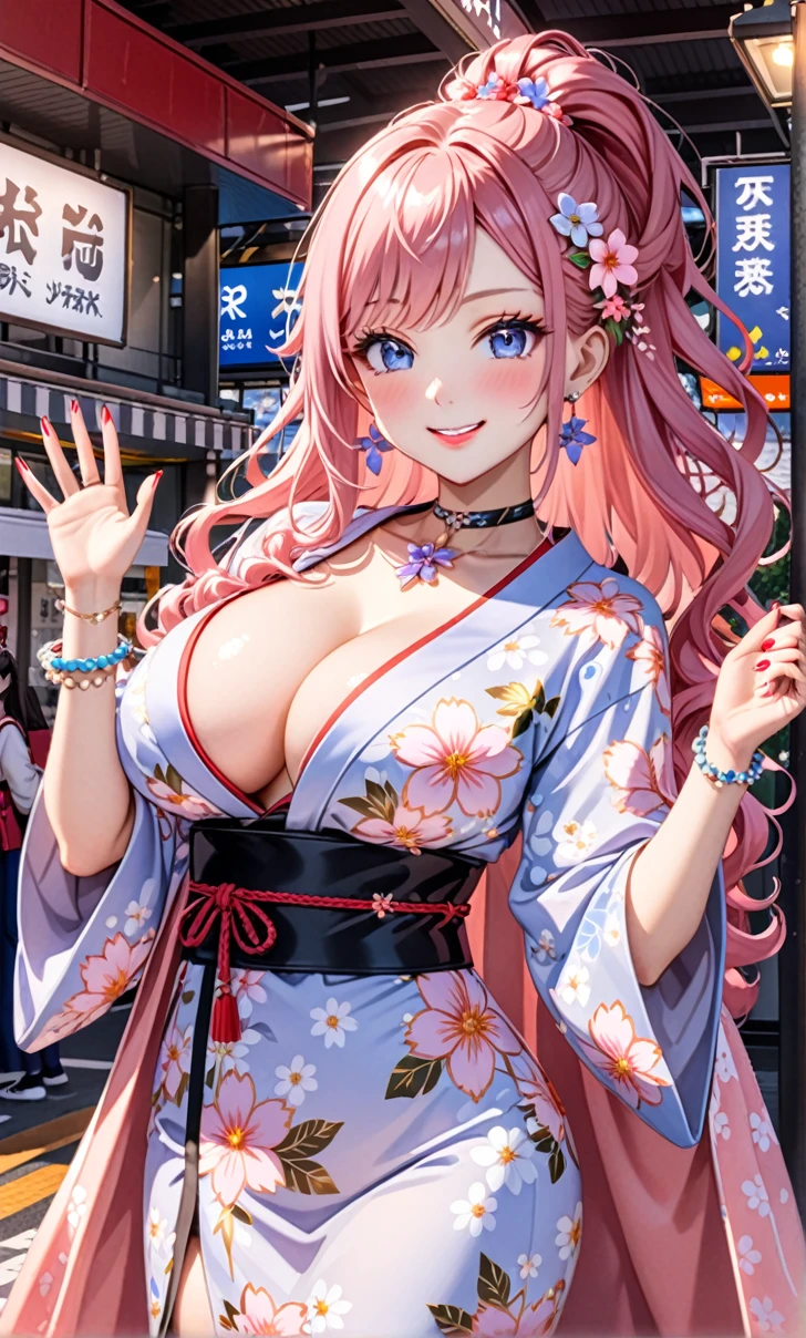 ultra-detailed, ((one girl)), (pale skin:1.3), in pastel colors gyaru, (heavy makeup), hyper detailed, absurdres, 8K, Beautiful Face, (Laugh shyly), ((teasing smile:1.8)), ((Wink:1.7)), (Laugh with your mouth wide open),((Tilt your head:1.6)), View your viewers, ((Bright red cheeks:1.6)),Glossy Red Lips, ((Big Breasts:1.5)), ((show off breast:1.4)), noon, In front of Uguisudani Station, (Brighten your face), ((Anime style background)),masterpiece, Highest quality, so beautiful,Latest, Complex details, (Pink long nails), (nail art), (ring),(bracelet), (Floral Choker),AI-generated, Complex,High resolution, Highest quality, super high quality,3D Images、3D Images,One person,Pastel pink long hair,(High Ponytail), (wavy hair:1.3), Pastel anime woman posing for a photo, ((Fine grain、blue eyes、glowing eyes:1.4)), (Squint your eyes:1.1),a hyperRealistic , hyperRealistic , Realistic,Anime woman with long pastel pink hair, Smooth anime CG art, A girl in a gorgeous pastel-colored kimono, ((Pastel-colored furisode)),(Pink large floral pattern) ,Long flower hair ornament,Floral Earrings,Mature Body, tall,Narrow waist, ((waving at viewer:1.3)), (front view),