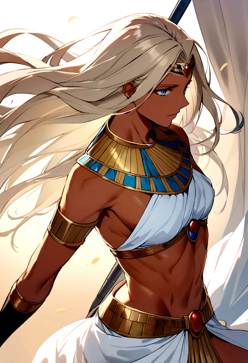 Man with ash blonde hair, with an ancient spear, dancing with the wind, with egyptian clothes, long hair, sharp blue eyes, and tanned skin
