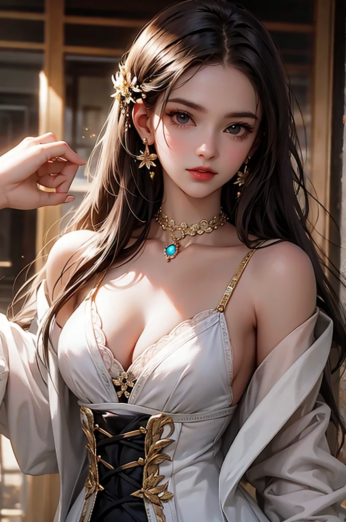 (RAW photo, Best quality), (Realistic, photo-realistic:1.3),Best quality,Highly detailed,Masterpiece,Ultra-detailed,illustration,1girll,The upper part of the body_Body,Dynamic Angle,world masterpiece theater,Messy_Long_Hair,Best quality,Extremely detailed Cg Unity 8K wallpaper,...