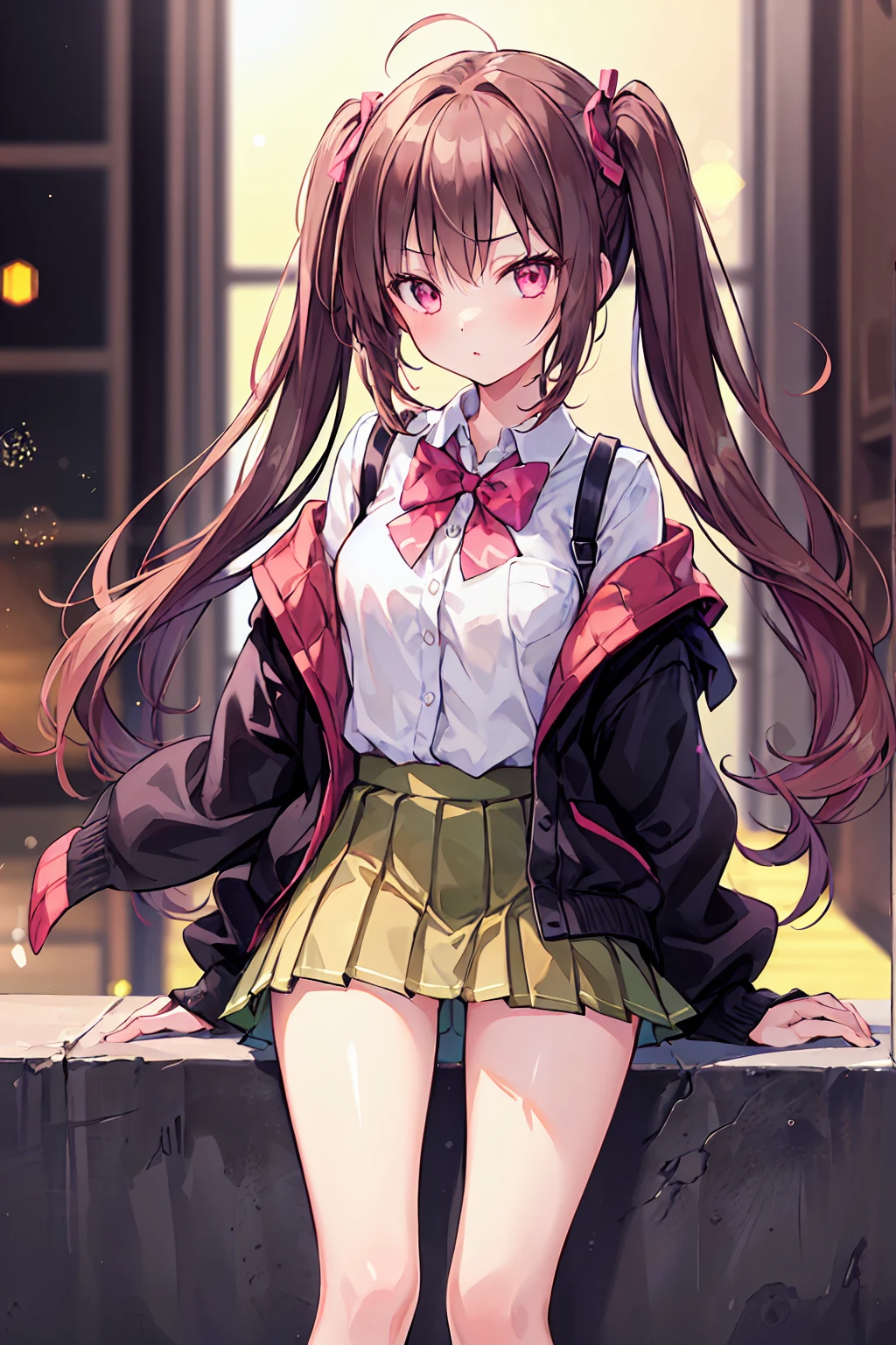 ((One Girl)), (Twin tails), Brown Hair, Great face and eyes, Pink Eyes, (Amazingly beautiful girl), Brown Hair, (expensive , Pleated mini skirt:1.5), ((Highest quality)), (Super detailed), (Highly detailed CG synthesis 8k wallpaper), expensively detailed, expensive-definition raw color photos, Professional photography, (((Bokeh))), Depth of written boundary, Spread your legs,Small breasts，I feel a little strong