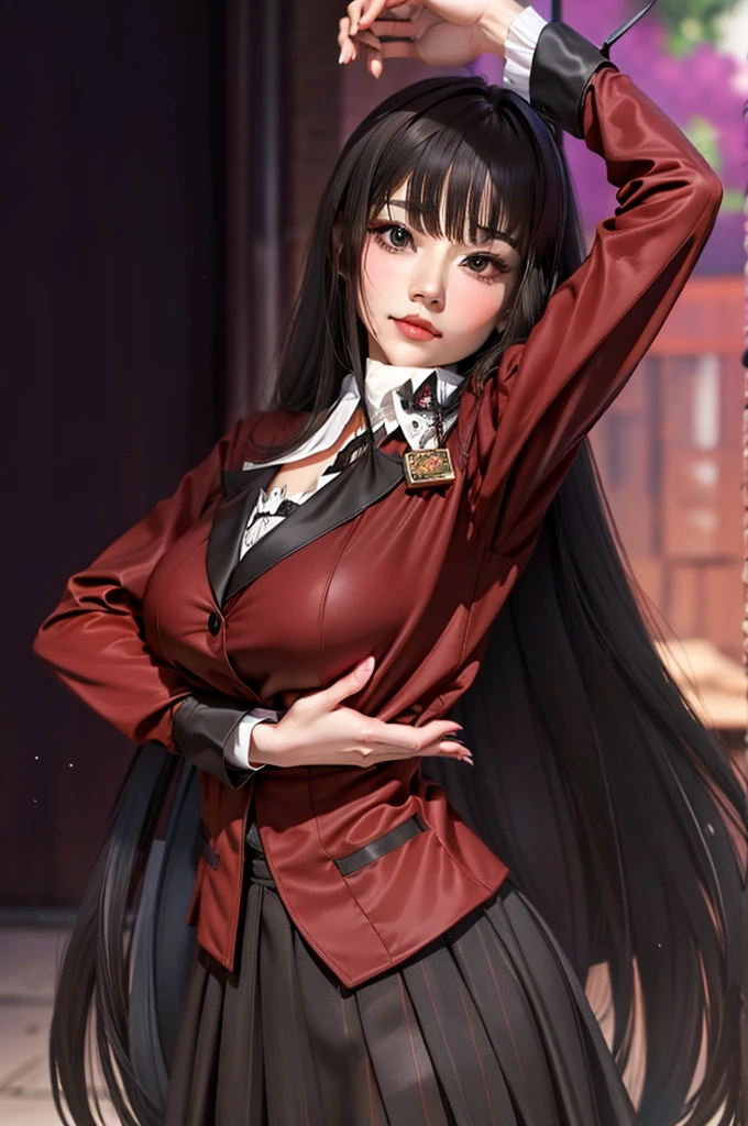 long black hair with hangs, red almet, beauty face, cute face, big ,Cute face, long clothes