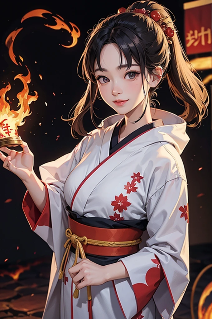 A beautiful woman in a kimono smiles as she makes a contract with a fire demon against the backdrop of a fire magic circle