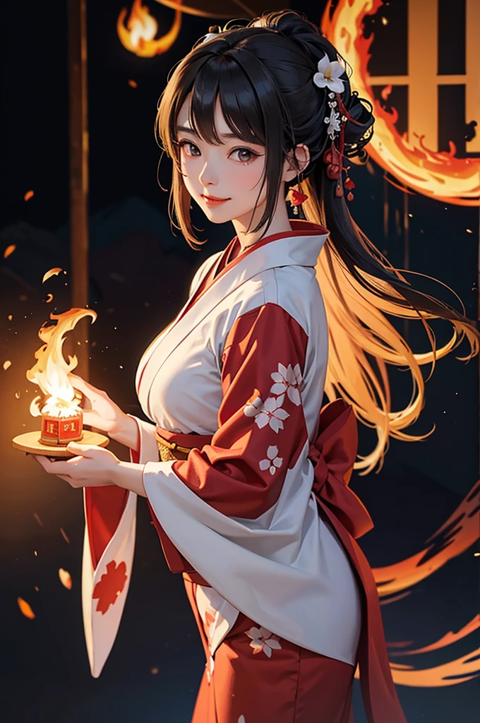 A beautiful woman in a kimono smiles as she makes a contract with a fire demon against the backdrop of a fire magic circle