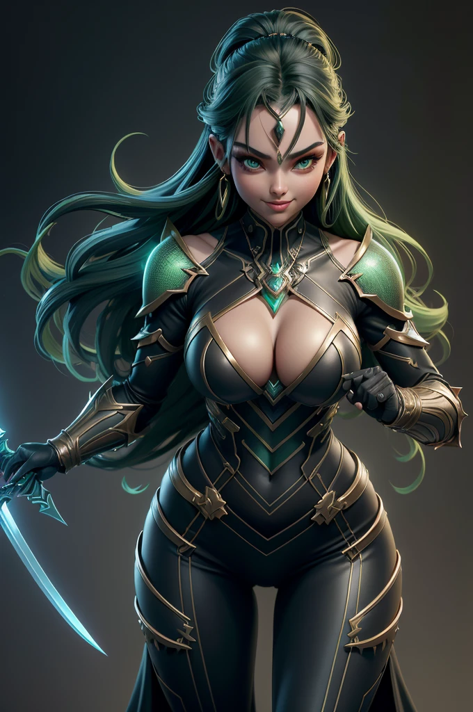 gorgeous woman, warrioress, with futuristic sword wrapped in dark structure, green leds, Beautiful girl, Waist slender, imponent pose, Grinning,sexly, extreme extravagant necklines,huge slits revealing a lot of the body,slim, fitness, full body being displayed