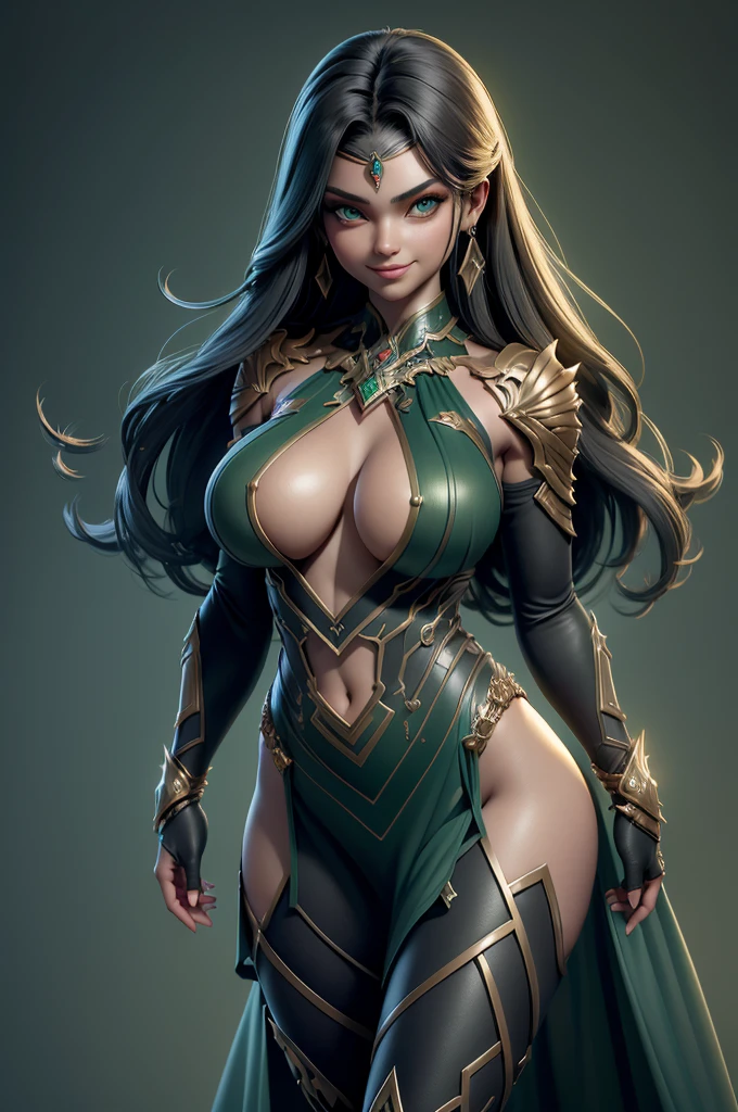 gorgeous  woman, warrioress, with futuristic sword wrapped in dark structure, green leds, Beautiful girl, Waist slender, imponent pose, Grinning,sexly, extreme extravagant necklines,huge slits revealing a lot of the body,slim, fitness, full body being displayed