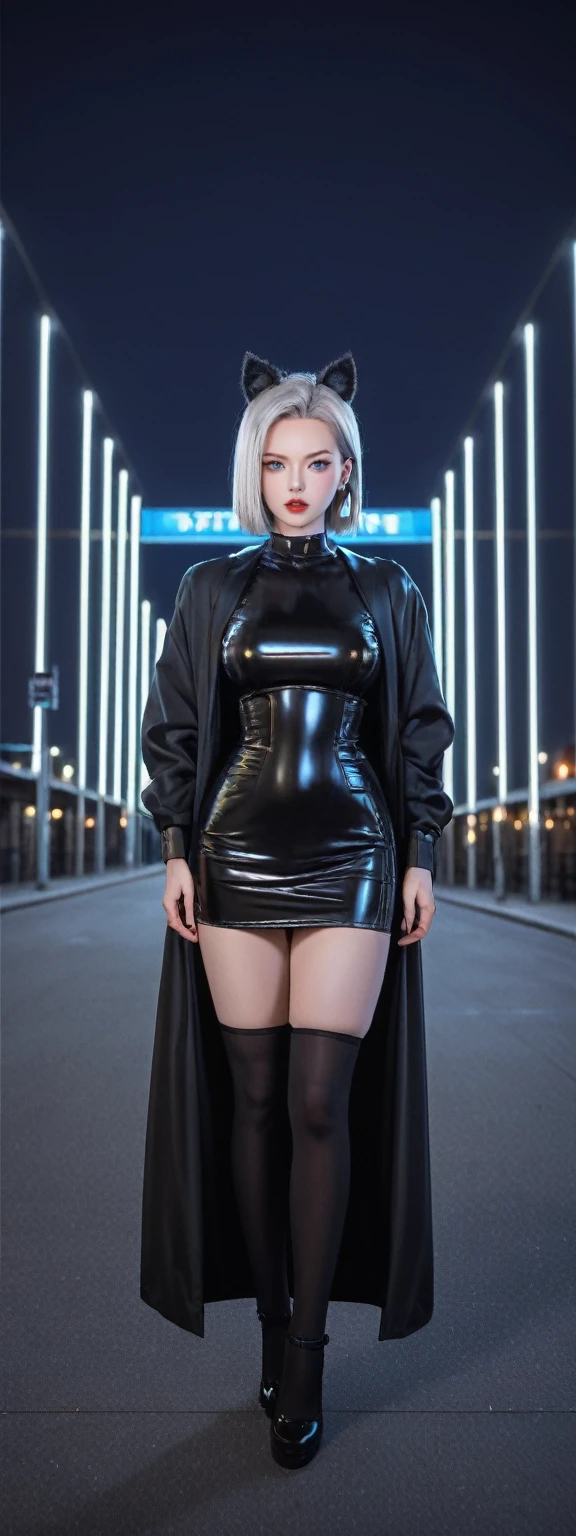 realistic,score_9, score_8_up, score_7_up, 
 In this futuristic CG wallpaper masterpiece set in the year 4096, a mature female Kpop idol stands on a bustling, neon-lit street. Captured by a Nikon D750 with a f/1.4 55mm lens, her dynamic pose and advanced lighting techniques, including photon mapping and radiosity, create an ultra-realistic and highly detailed effect. She stares intently at the viewer, her blush highlighting her lustrous, oil-like skin. Her face is intricately detailed, featuring wavy gray hair and a sophisticated style, exuding aegyo sal with puffy eyes, long eyelashes, parted lips, and red lipstick. Her broad shoulders and medium breasts are subtly revealed beneath her futuristic attire, which includes animal ears, thigh-highs, and a silk coat inspired by Song Dynasty clothing. Her curvaceous figure is elegantly accentuated by her attire, completing her striking and mature presence in this advanced, neon-drenched urban landscape.Android 18