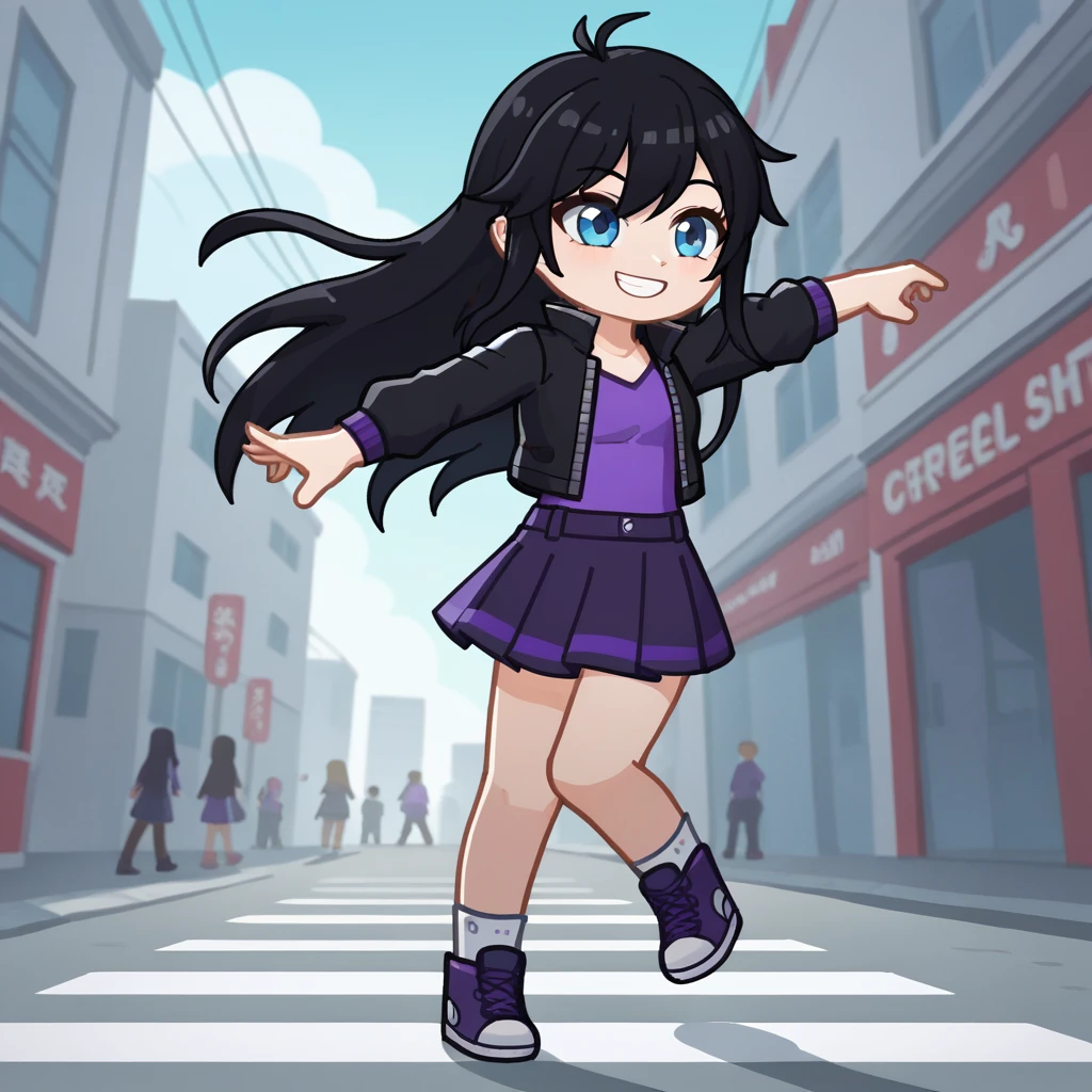 elugacha, gelu, gacha, girl, long hair, black hair, blue eyes, skirt, black jacket, purple top, city streets, hair fluttering in the wind, dynamic pose, score_9,score_8_up,score_7_up,score_6_up,score_5_up, smile, cute, daylight