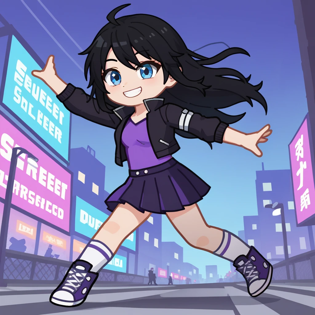 elugacha, gelu, gacha, girl, long hair, black hair, blue eyes, skirt, black jacket, purple top, city streets, hair fluttering in the wind, dynamic pose, score_9,score_8_up,score_7_up,score_6_up,score_5_up, smile, cute, daylight