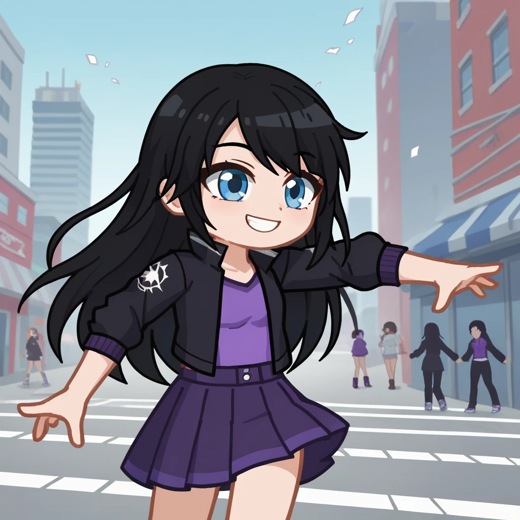 elugacha, gelu, gacha, girl, long hair, black hair, blue eyes, skirt, black jacket, purple top, city streets, hair fluttering in the wind, dynamic pose, score_9,score_8_up,score_7_up,score_6_up,score_5_up, smile, cute, daylight