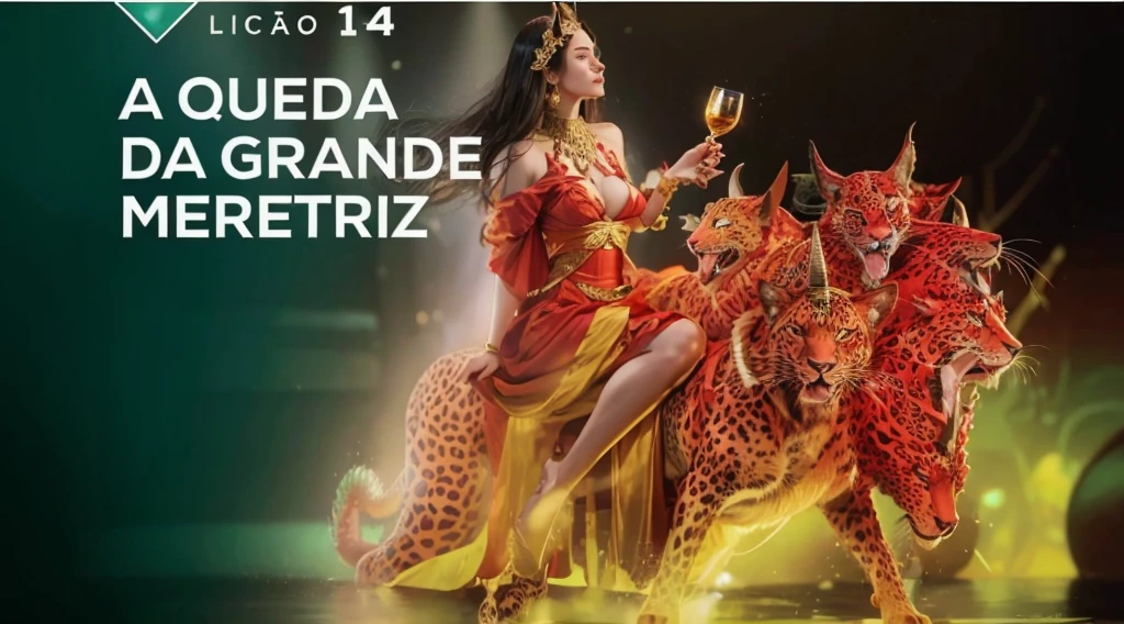 a mythological beast, the body of a leopard, containing 7 heads, with horns, plus a sensual woman, full of jewels, dressed in a long red dress, with a golden cup in her hand.