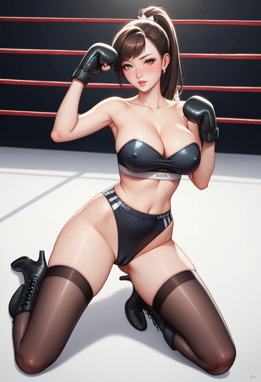 Korean beauty model,Good shape,Pretty Face,detailed picture, blush,White high ponytail,Wearing strapless sportswear,Wearing black suspender stockings,high-heel boots,Wearing black boxing gloves,Kneeling alone in the boxing ring and posing sexy,Large Breasts,Cleavage,Thin legs,nipple,Camel toe