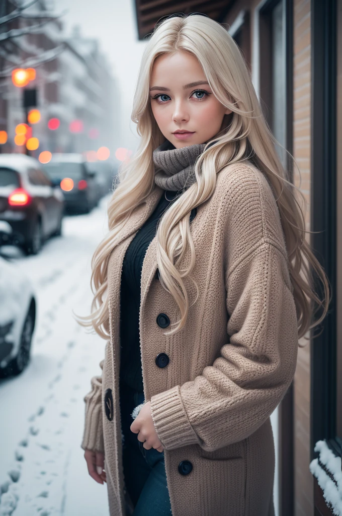 professional photography of a beautiful norwegian girl in winter clothes with long wavy blonde hair, sensual and seductive look, beautiful symmetrical face, beautiful natural makeup, wearing chic warm winter fashion clothing, ((standing outside on the snowy city street)), impressive modern urban environment, ultra realistic, conceptual artwork, chic, highy detailed, intricate, sharp focus, Depth of field, f/1. 8, 85 mm, medium shot, mid shot, (((professional color grading))), soft and bright diffused light, (Volumetric fog), Trends on Instagram, HD 4k, 8K