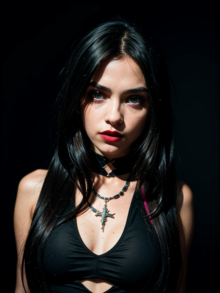Goth girl 1girl, solo, long demon hair, looking at viewer, red eyes, jewelry, necklace, makeup, lipstick, black background, portrait, glowing eyes, by vegivore, dramatic, gritty, intense, distorted face, nightmare, intricate details, hyperdetailed, cinematic, dark shot, film grainy, soothing tones, muted colors, technicolor
BREAK
outdoors, twilight, raytracing BREAK
d4rk4rt art style, monochrome, greyscale