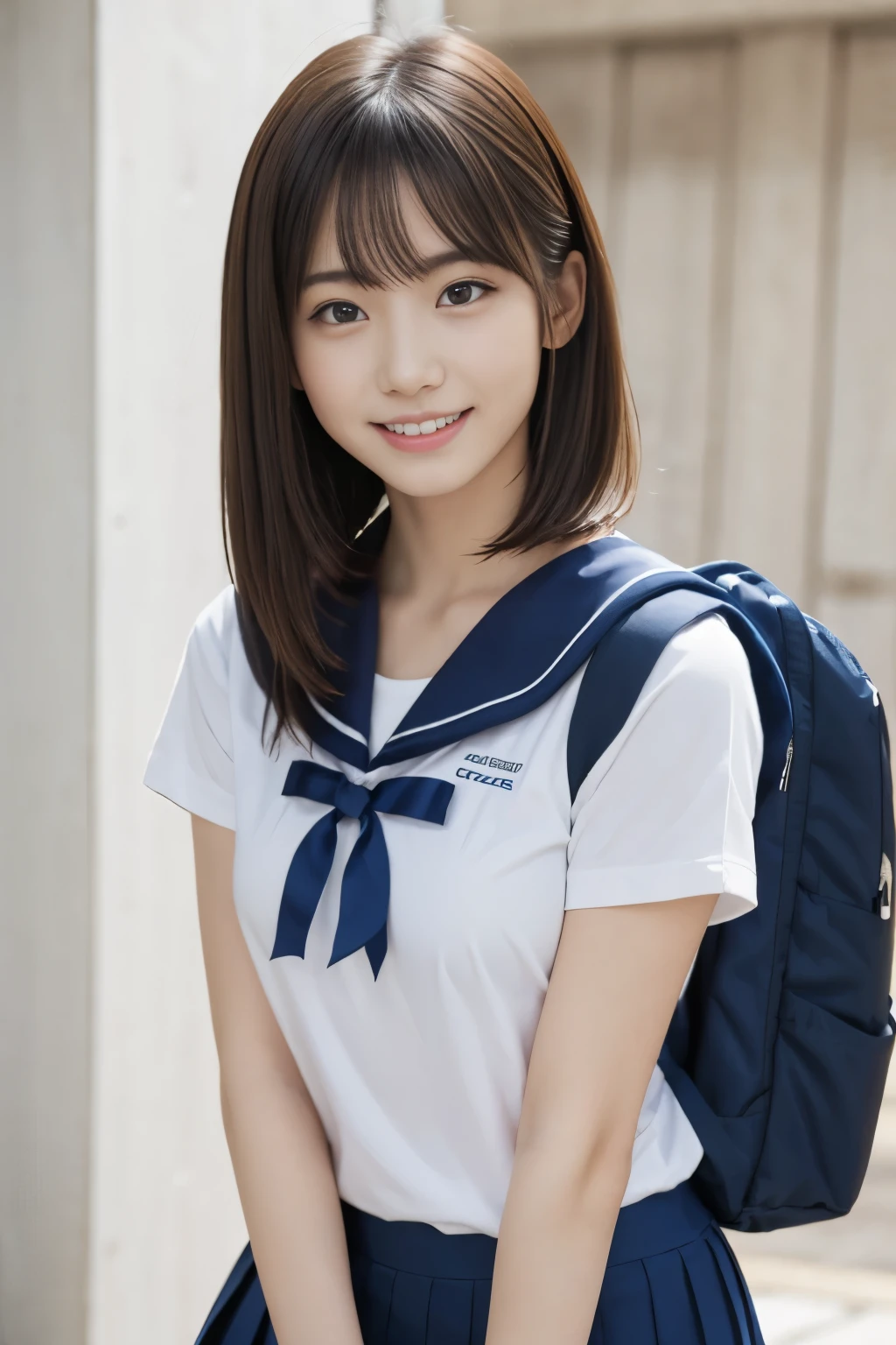 Browsing Caution, (masterpiece, Highest quality:1.2), One girl, solo, Highest quality, 8K, 16 years old,  Sexy pose, RAW Photos,  smile,  (Super cute idol-like face:1.2), Delicate girl, Small breasts, (Beautiful slim figure), Beautiful legs , Thin arms,  (White shirt, Sailor suit, Navy blue pleated skirt:1.4),  Black Hair, bangs, (Slightly longer bob hair), (squat), Carry a school backpack, (Beautiful summer sea)