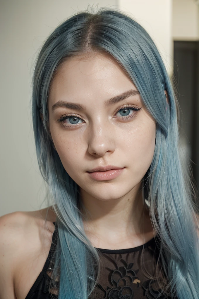 A girl with long blue hair. Her face is exquisite, with high cheekbones and smooth fair skin. Her large black eyes, framed by long thick eyelashes, are impressive and expressive, radiating calmness and confidence. Well-defined eyebrows curve gracefully above her eyes, adding intensity to her gaze. She has a small, straight nose and full, slightly parted lips that curve into a slight smile, revealing hints of mischief and allure. Photo of a young woman with pastel blue hair, natural-looking, yellow eyeshadow, pale skin, freckles, pastel colors