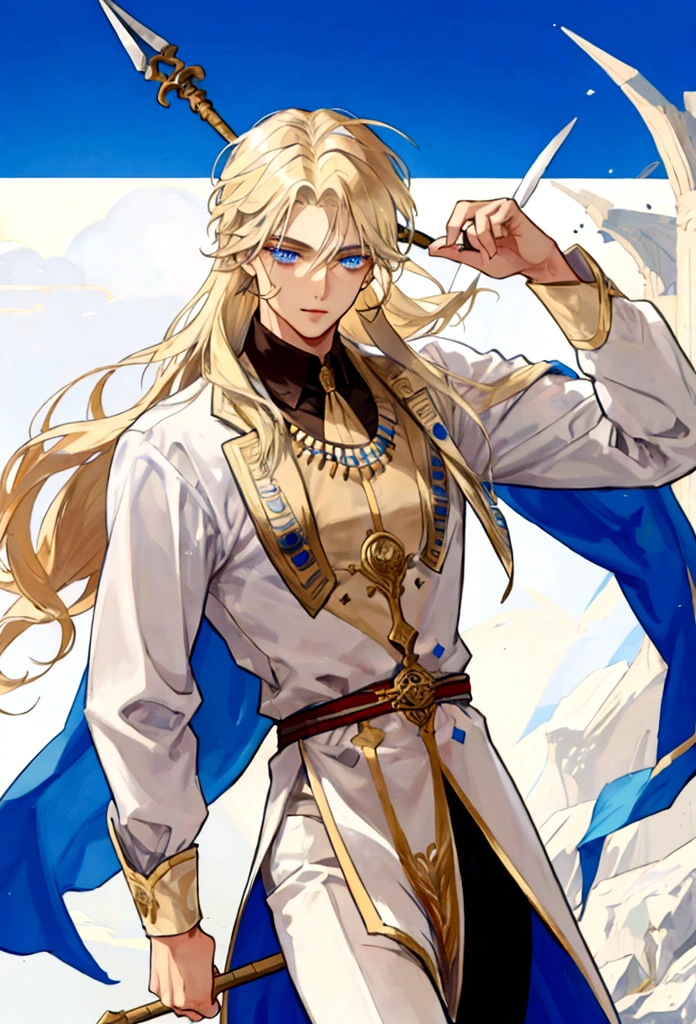 Man with ash blonde hair, with an ancient spear, dancing with the wind, with egyptian clothes, long hair, sharp blue eyes, and tanned skin