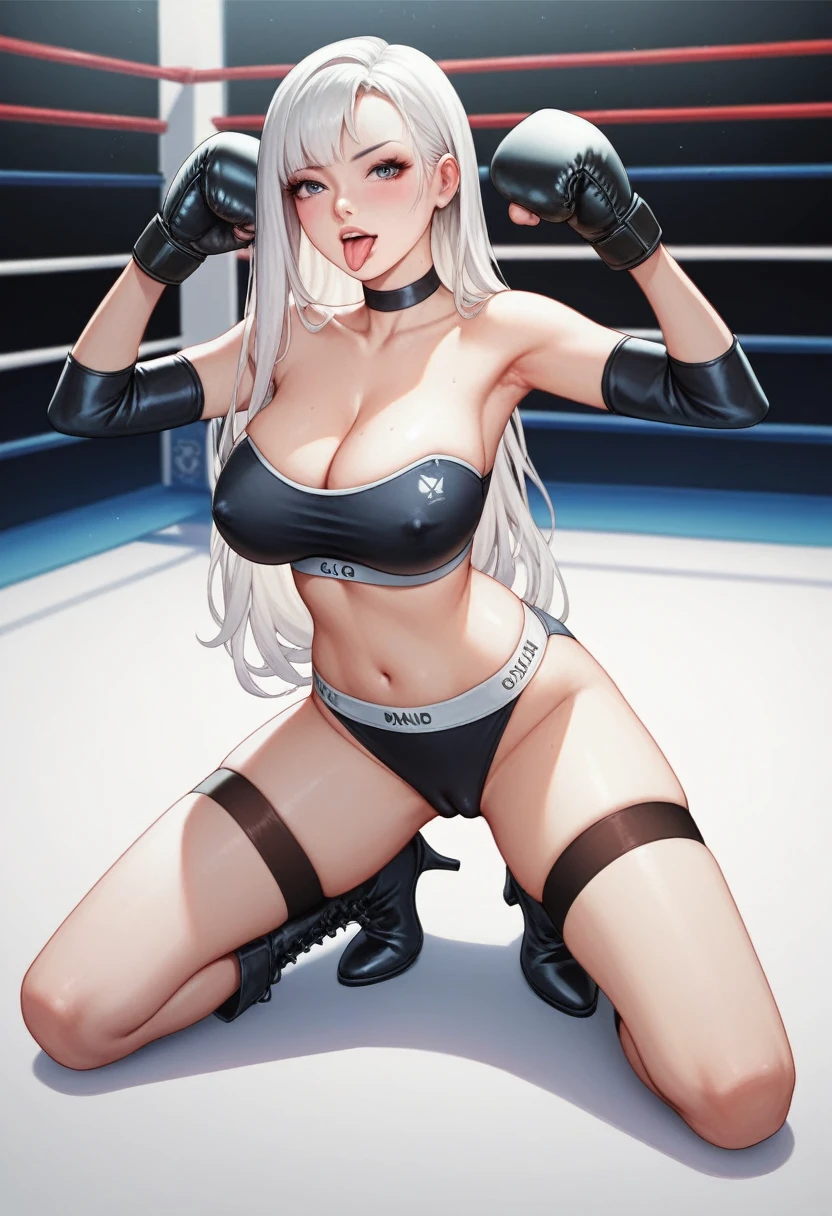 A slim Korean beauty model,Good shape,Pretty Face,detailed picture, blush,White long hair,Wearing a strapless sports bra,Wearing black suspender stockings,high-heel boots,Wearing black boxing gloves,Wearing black sleeves,Kneeling alone in the boxing ring and making sexy moves,Sticking out tongue,Large Breasts,Cleavage,Thin legs,nipple,Camel toe