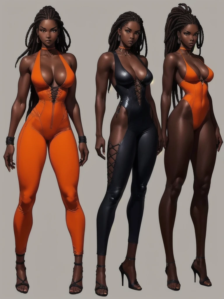 ((best quality)), ((4k)), ((highres)), ((masterpiece:1.2)). ((detailed)), ((ultra realistic)), ((intricate details)), ((full body picture)), ((character design sheet)), a full body picture of a beautifull Ebony skinned female, black woman, dark skin, ebony princess, ebony model, perfect face, detailed eyes, detailed lips, posing with her arms above her head, ((arms above her head)), about 25 years old, about 5'7 ft. tall, long thin dreadlocks down to her hips, ((emphasis on her long thin dreadlocks down to her hips)), pretty, feminine woman, toned body but not too muscular looking, hourglass figure, dressed in a skin-tight sleeveless full body orange jumpsuit, ((emphasis on the skin-tight sleeveless full body orange jumpsuit)), showing cleavage, glamorous, strappy lace up high, fighting game character concept art, tekken character design, the king of fighters character concept, full bofy, full body concept art, full body art