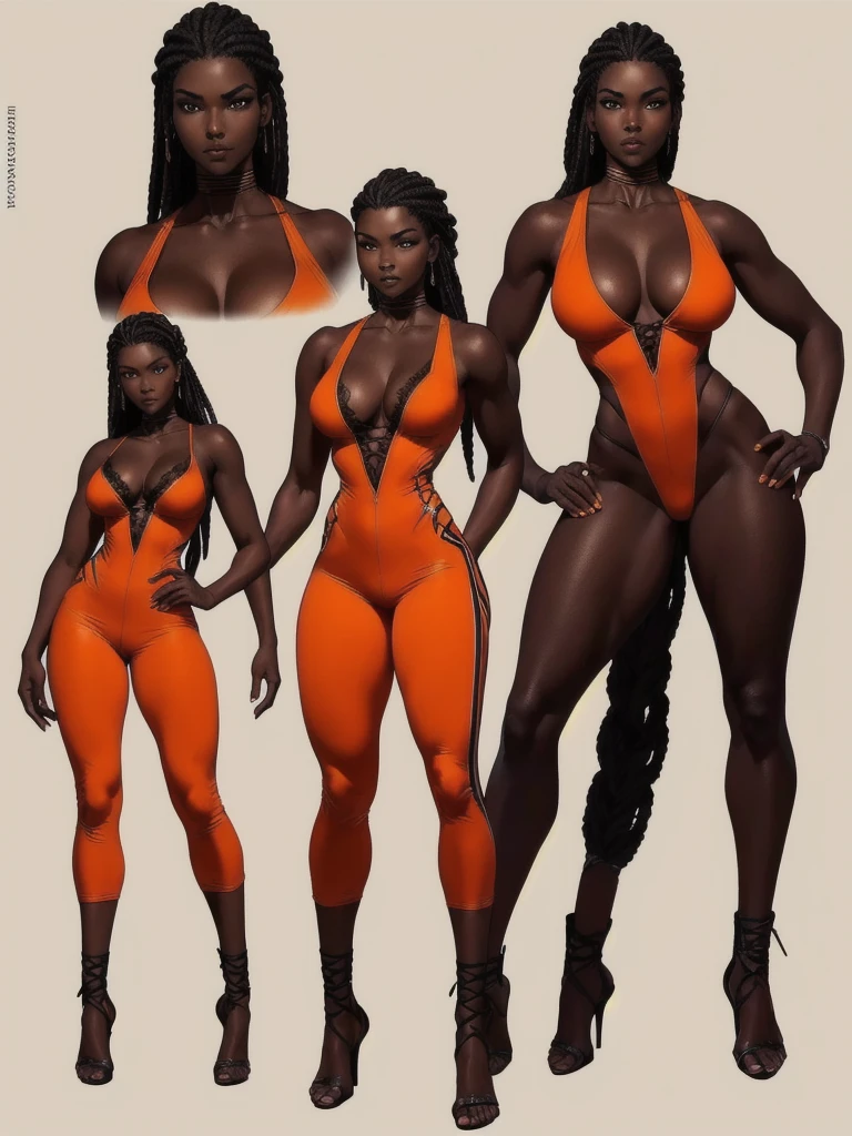 ((best quality)), ((4k)), ((highres)), ((masterpiece:1.2)). ((detailed)), ((ultra realistic)), ((intricate details)), ((full body picture)), ((character design sheet)), a full body picture of a beautifull Ebony skinned female, black woman, dark skin, ebony princess, ebony model, perfect face, detailed eyes, detailed lips, posing with her arms above her head, ((arms above her head)), about 25 years old, about 5'7 ft. tall, long thin dreadlocks down to her hips, ((emphasis on her long thin dreadlocks down to her hips)), pretty, feminine woman, toned body but not too muscular looking, hourglass figure, dressed in a skin-tight sleeveless full body orange jumpsuit, ((emphasis on the skin-tight sleeveless full body orange jumpsuit)), showing cleavage, glamorous, strappy lace up high, fighting game character concept art, tekken character design, the king of fighters character concept, full bofy, full body concept art, full body art
