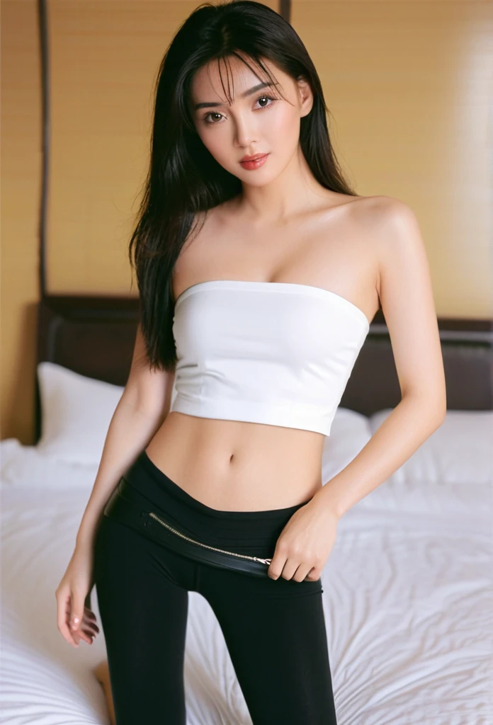 close-up of beautiful Chinese-Hongkong, Teresa Mak is a Chinese-Hongkong actress and model, Shan is a female character Street of Fury 1996 Chinese-Hongkong action movie, age 21 years old girl, youthful face, white skin body, perfect body, very rapunzel long hair, standard black hair, straight hair, bust size 34 inches, wearing a tight plain standard dark black bandeau tube top, wearing a tight plain standard dark black mini short leggings, Shan’s clothes were cut off by boyfriend using scissors from the tank top to the tube top to make Shan sigh and tease, strand by strand Shan’s clothes fell because they had been cut, the rest of Shan’s clothes were scattered at the bottom because they had been cut, Shan’s clothes showed off her breasts because they were cut off by male soldiers so that they looked more sexy and seductive, Then Shan's leggings are also cut by her boyfriend using scissors from long to short to make Shan sigh and tease, strand by strand of Shan's leggings fall down because they have been cut, the remaining clothes of Shan's leggings are scattered at the bottom because they have been cut, sexy looking pose, pose a naughty look, pose looks seductive, at a boyfriend bedroom, boyfriend bedroom background, UHD