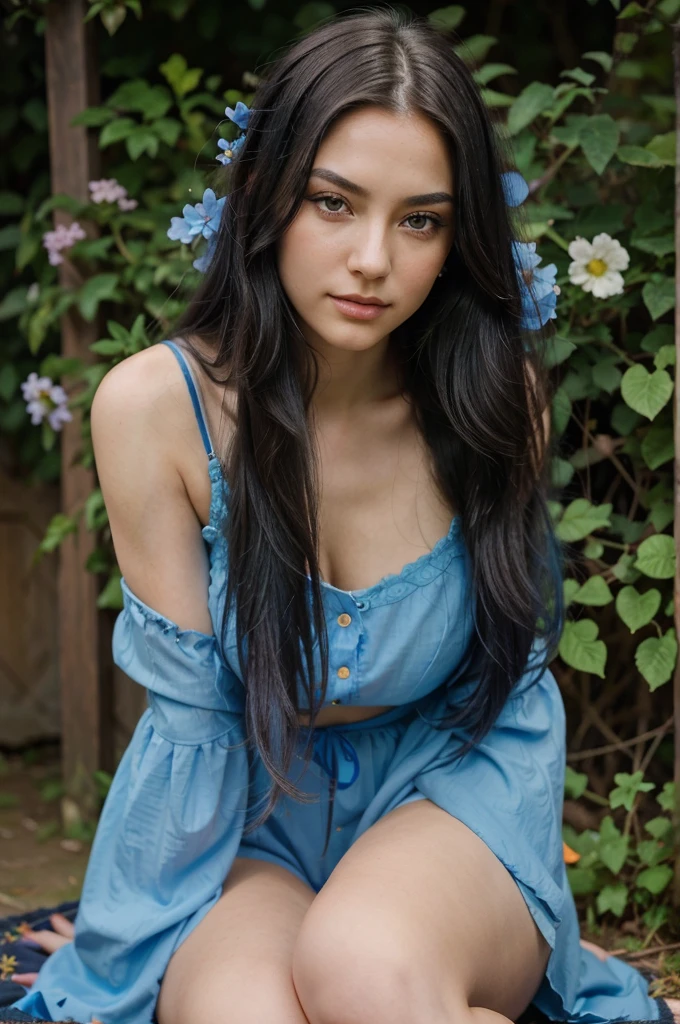 A girl with long blue hair. Her face is exquisite, with high cheekbones and smooth fair skin. Her large black eyes, framed by long thick eyelashes, are impressive and expressive, radiating calmness and confidence. Well-defined eyebrows curve gracefully above her eyes, adding intensity to her gaze. She has a small, straight nose and full, slightly parted lips that curve into a slight smile, revealing hints of mischief and allure. front view, happy stunning woman with curly long dark hair, wearing blue clothes sit in a beautiful field of flowers, colorful flowers everywhere, some blue and orange butterflies, perfect lighting, leica summicron 35mm f2.0, Kodak Portra 400, film grain