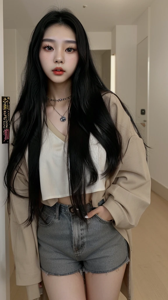 Korean girl
Long black hair
16 years old
Jewellery
Brown eyes
Too big clothes
Makeup