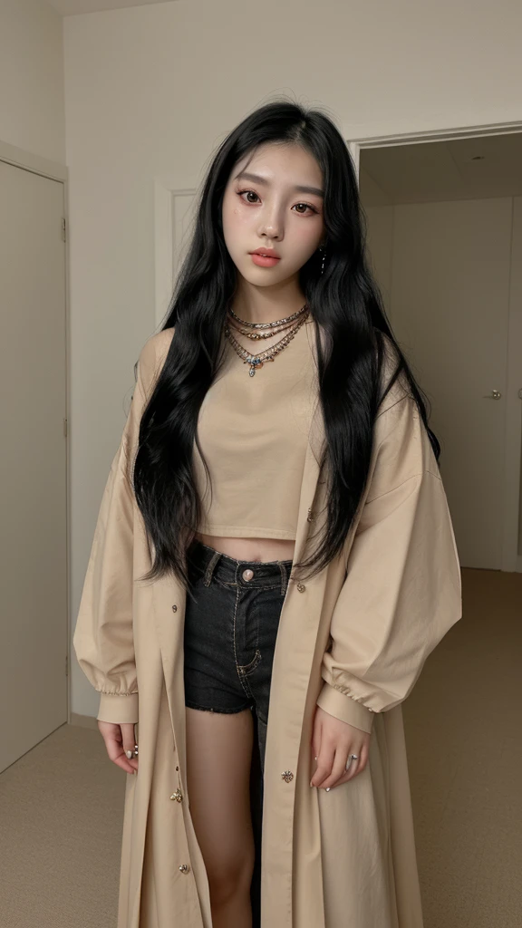 Korean girl
Long black hair

Jewellery 
 Brown eyes
Too big clothes
Makeup 