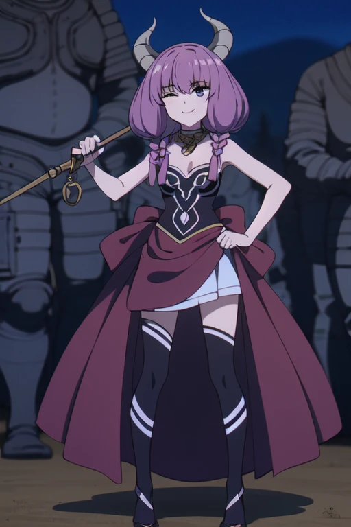 ((Best quality))),((Ultra-detailed)),((illustration)),((Disheveled hair)),((frilld)),(1 girl),(Solo), 1girl,hand_on_hip,solo,rating:safe,black_footwear,breasts,cleavage,clothes_pull,clothing,dress,dress_lift,dress_pull,eyepatch,female,female_only,flower,long_hair,looking_at_viewer,makaria,motion_blur,one_eye_closed,red_dress,skirt,skirt_lift,skirt_pull,small_breasts,smile,standing,weapon,whip,wink, pink hair,grey eyes,Horns,