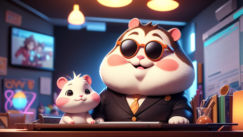 a close up of a tall hamster, looking like a model ,a news reporter posture , facing the viewer , cute face with fat cheeks, dressed in a suit and sunglasses, big chungus boss, neon dark room background, sitting behind a desk , with a laptop and a microphone, realism, in a streamer studio room, neon ambiance , looking to camera, portrait shot 8k, photo portrait, facing the camera , ultra detail, high resolution, ultra detailed, best quality, amazing, top quality, extremely detailed CG unity 8k wallpaper, cinematic lighting.
